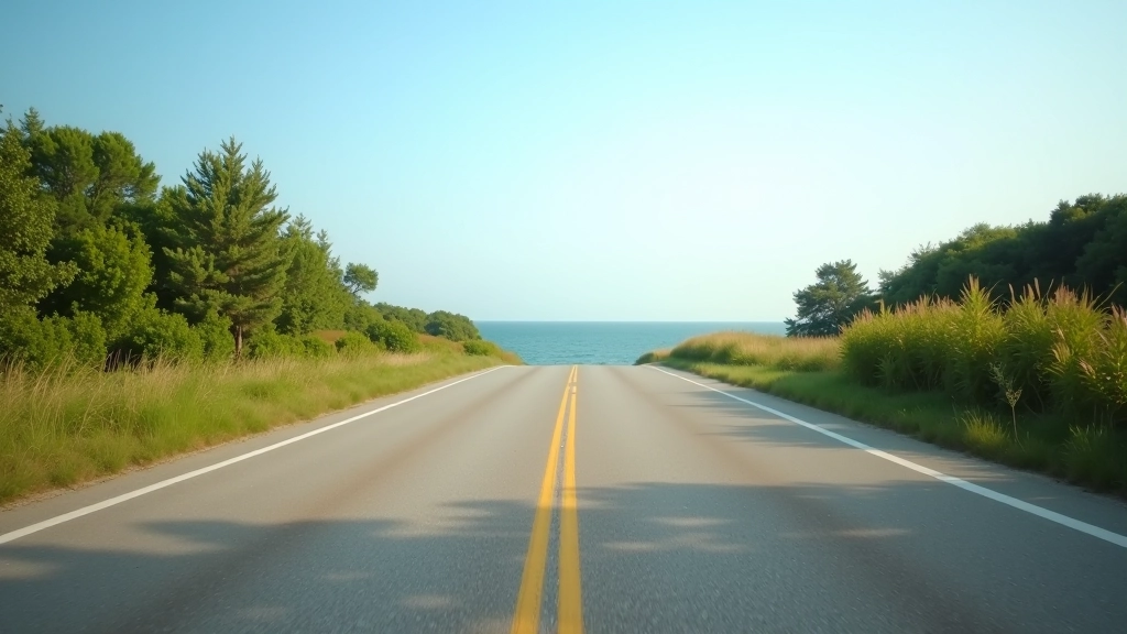 Scenic coastal road with Baltic Sea on horizon, road signs, summer trees, clear sky