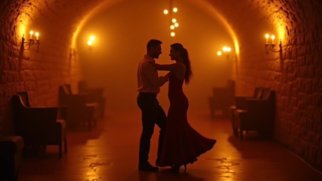 Vibrant salsa dance floor with couples performing under warm amber lighting in a historic stone-walled venue in Tallinn's Old Town