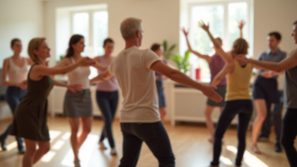 Dance workshop class with instructor and participants, bright studio, people in dance positions, focused expressions