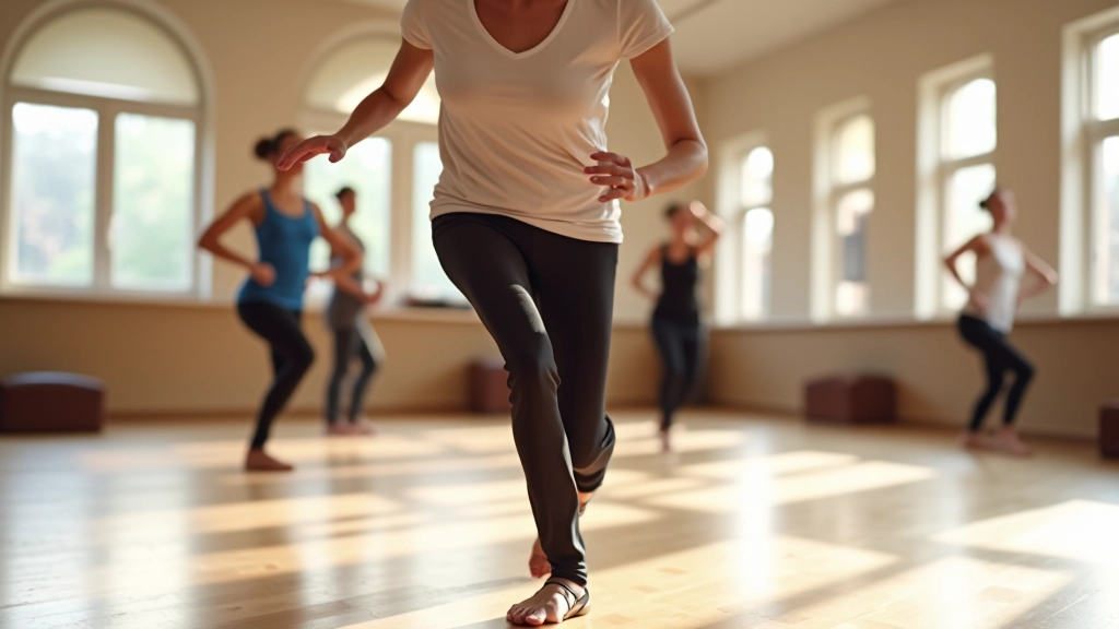 Salsa instructor demonstrating basic step pattern to a group of adult learners in a bright dance studio with wooden flooring
