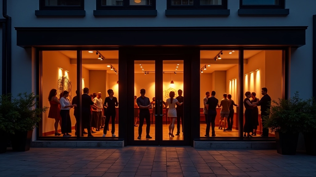 Welcoming dance studio entrance with large windows showing silhouettes of dancers inside, evening lighting creating warm ambiance
