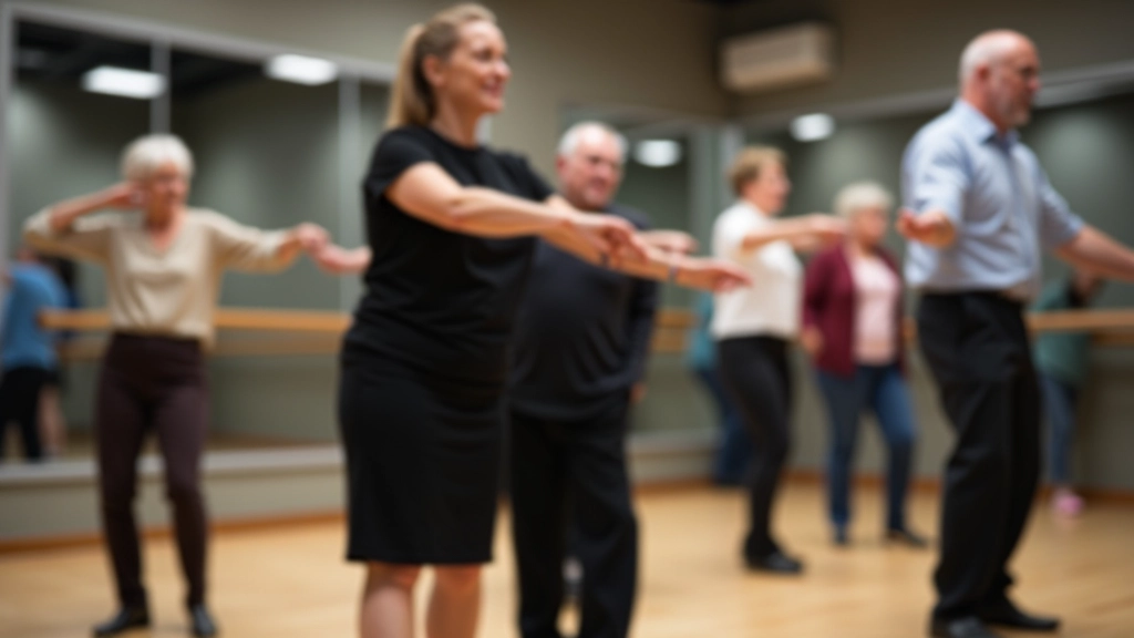 Workshop classroom with seniors learning partner dance techniques from an instructor in front of mirrors