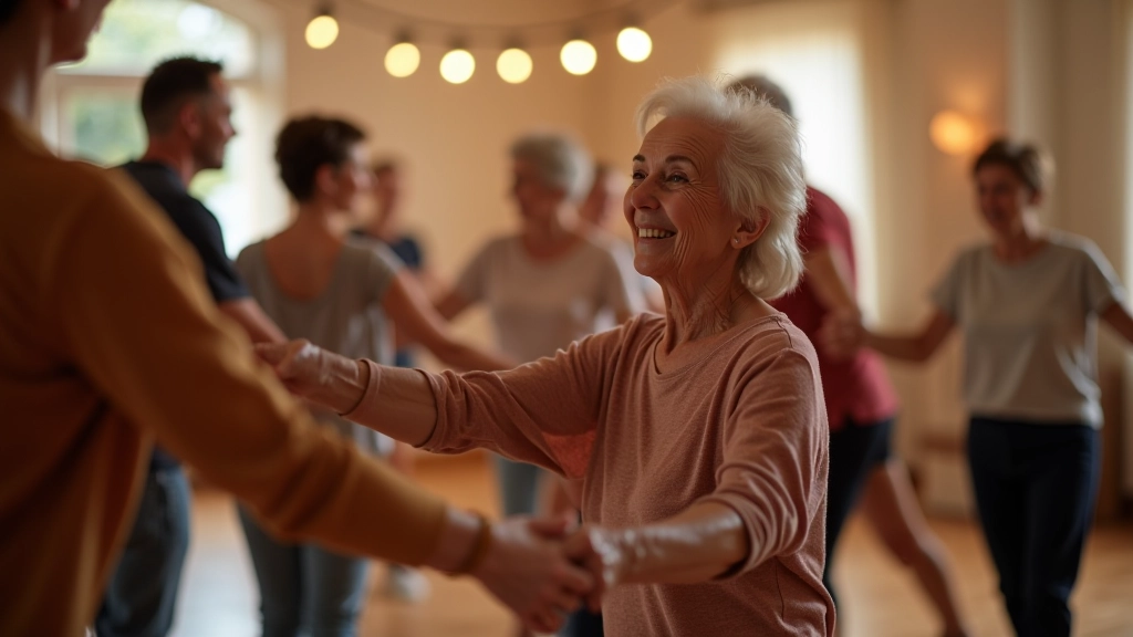 Seniors enjoying partner dancing together in a welcoming studio environment