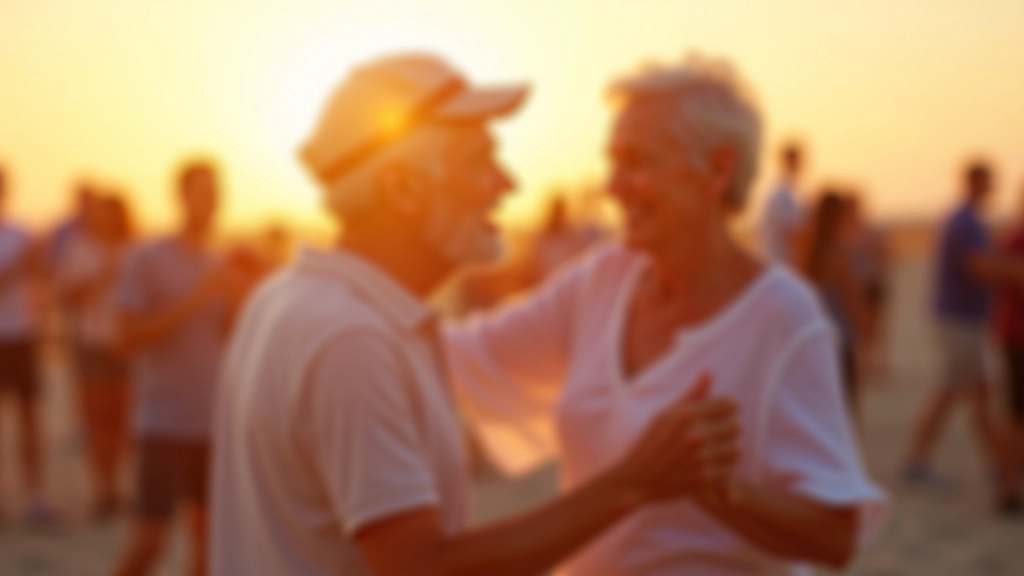 Group of seniors dancing together at an outdoor Baltic coast festival with sunset lighting and joyful expressions