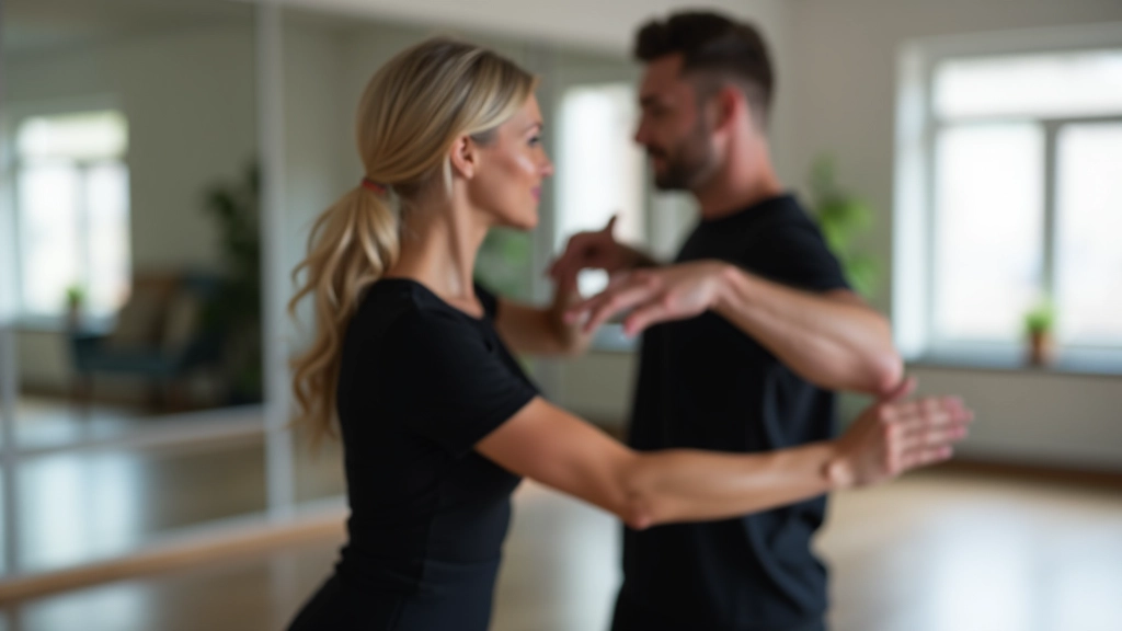 Dance instructor demonstrating waltz frame and posture with a student in a bright studio with mirrors