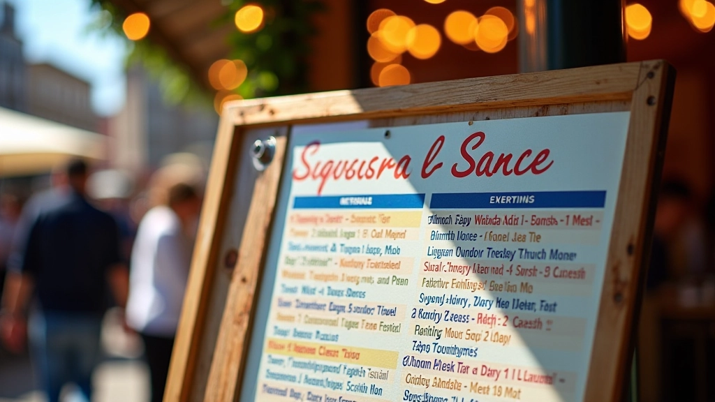 Festival schedule board with dates and dance styles listed, colorful text, event posters on wall behind