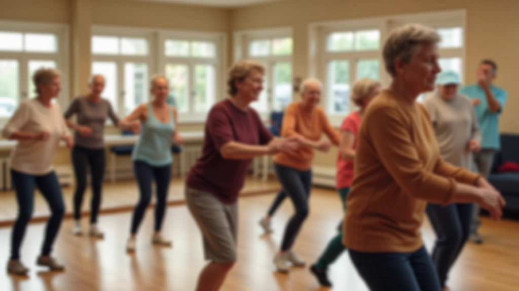 Group of seniors practicing partner dance in a studio, with instructor observing and providing feedback during a lesson