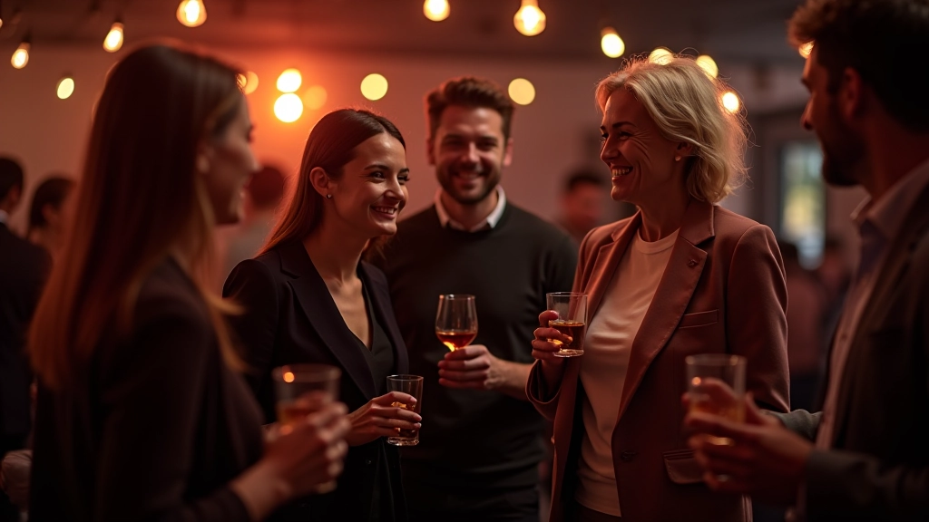 Group of diverse adults of various ages socializing and smiling near a dance floor, holding drinks, relaxed conversational postures
