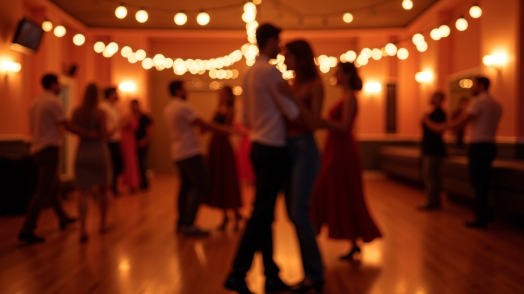 Group of dancers in a kizomba social event venue with ambient lighting and dance floor