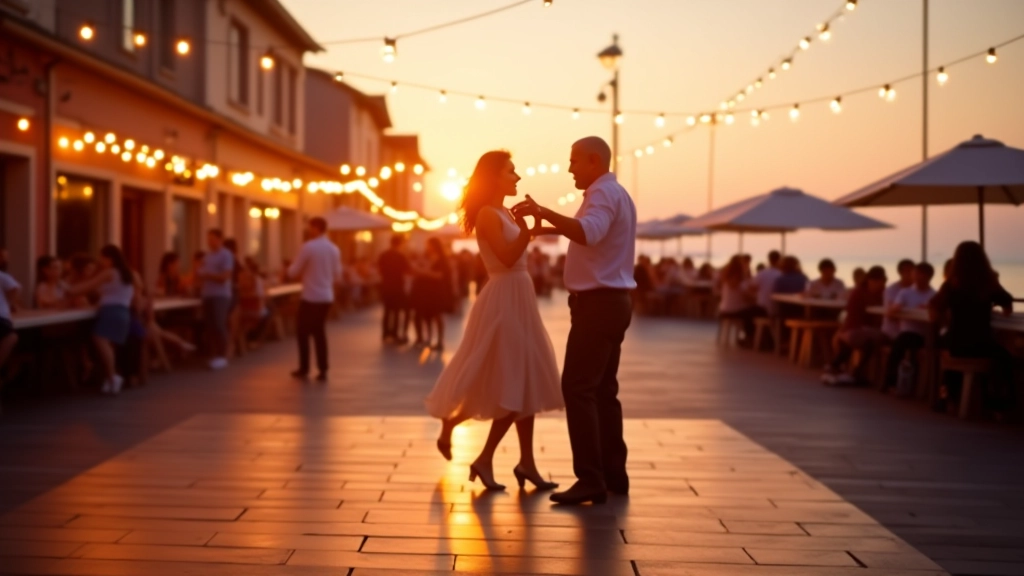 Outdoor seaside dance floor with colorful string lights overhead, evening golden light, couples dancing, coastal town background