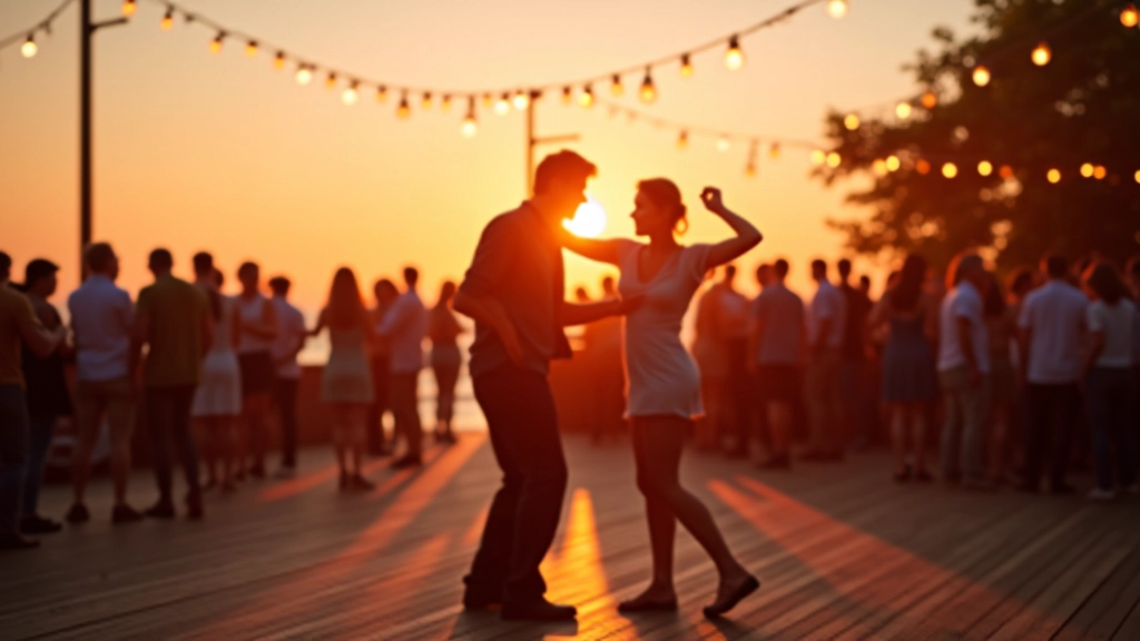 Outdoor summer dance festival on the Baltic coast with couples dancing under evening sky