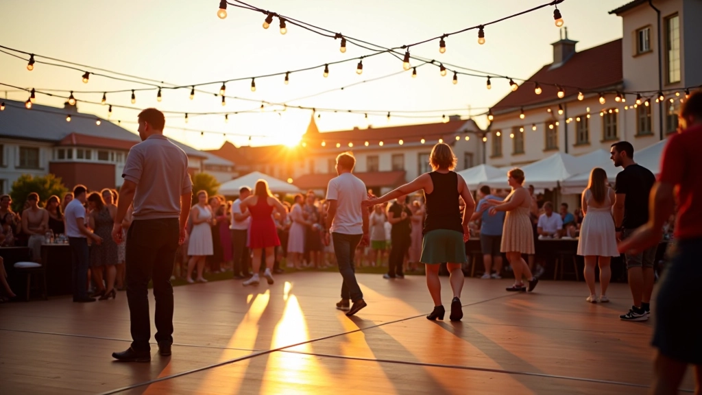 Outdoor summer festival with people dancing and celebrating on a Baltic beach