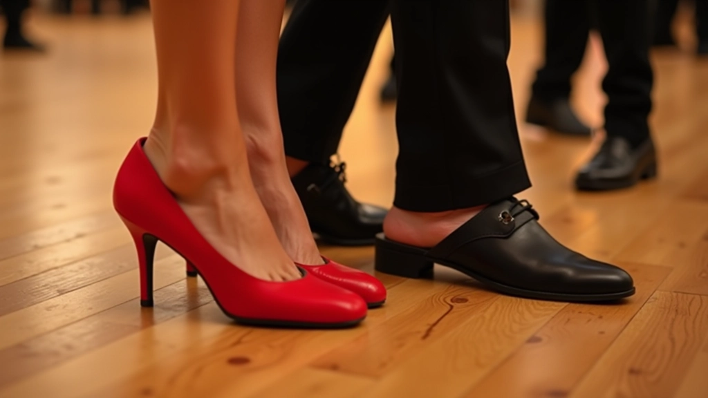 Close-up of dance shoes arranged on wooden floor — women's heeled salsa shoes in red and black, men's leather dress shoes nearby