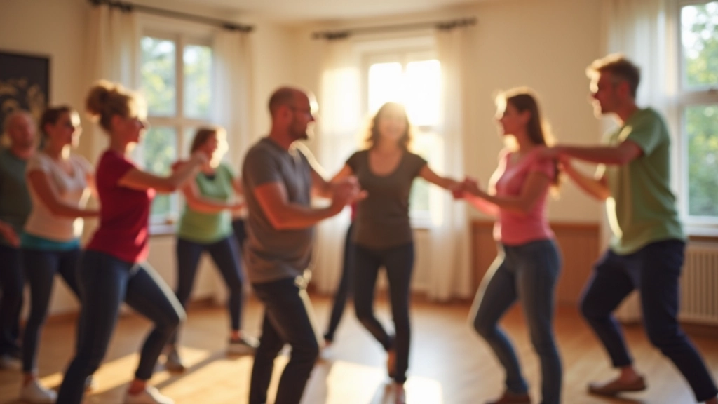 Group of adults in a partner dance workshop, learning basic salsa steps