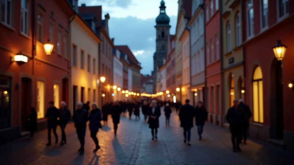Traditional Tallinn street in Old Town with historic stone buildings lit in evening light, narrow cobblestone pathway with people walking