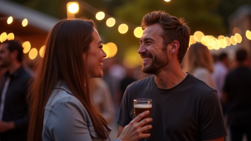 Group of dancers socializing outdoors at festival venue, smiling, conversation, evening setting with lights